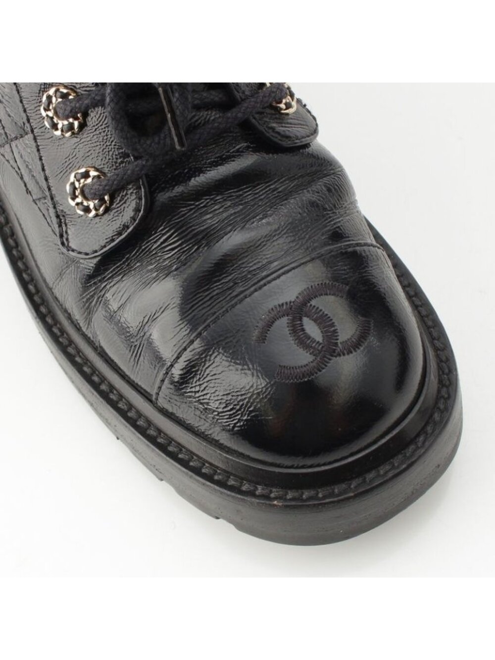Chanel Leather CC Logo Lace Up Mountain Short Boots Shoes Black 37.5 - Picture 6 of 10